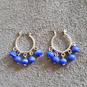 Earrings Silver Tone Hoop Blue Plastic Beads Pierced Style Fashion Jewelry 1"